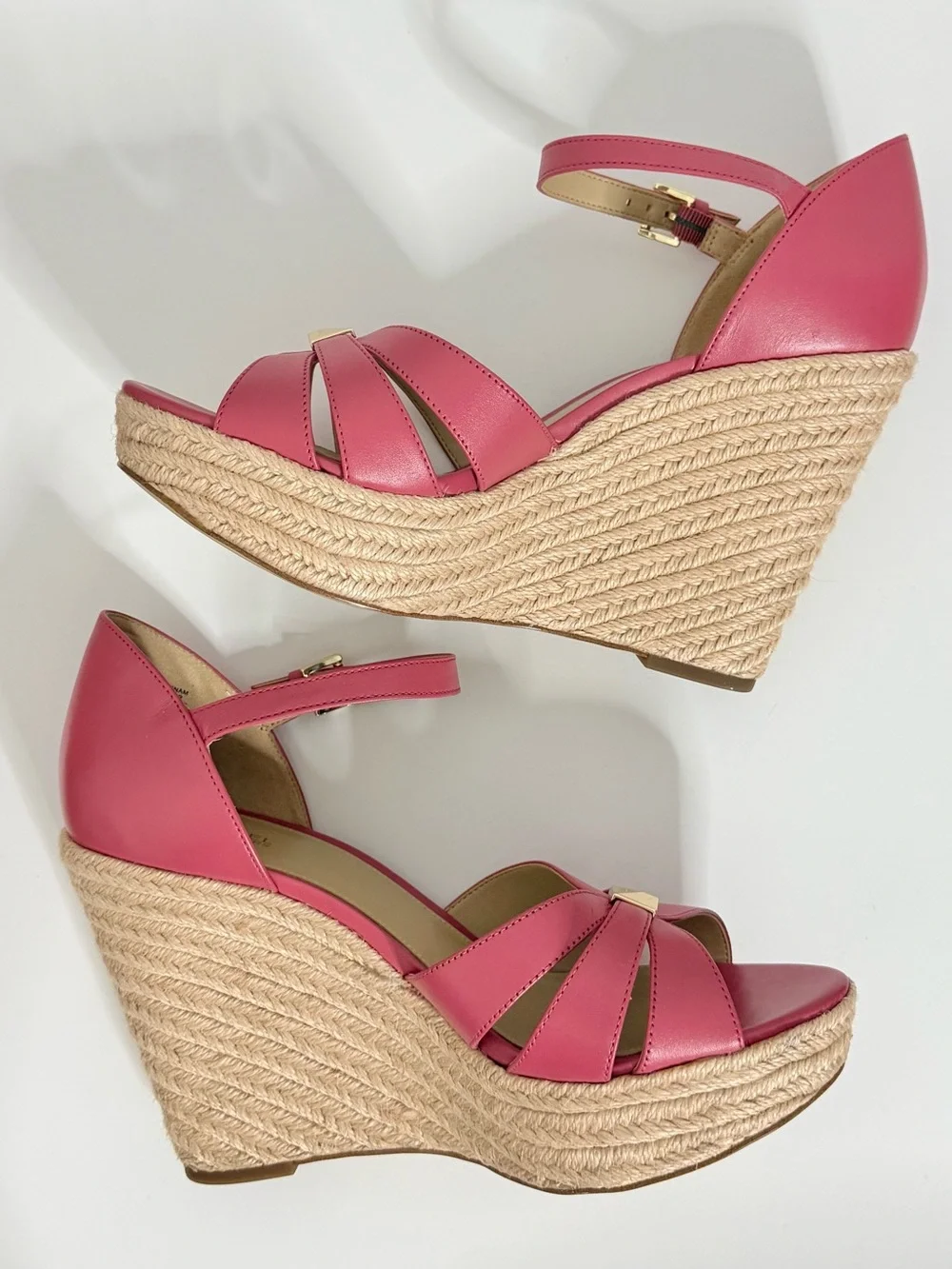Michael Kors Coral Pink Leather Espadrille Wedge Sandals Ankle Strap Size 10